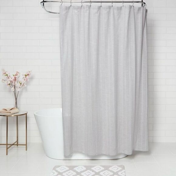 Threshold Tonal Striped Shower Curtain Gray 100% Cotton 72” x 72” Buttonhole NWT - Picture 1 of 9